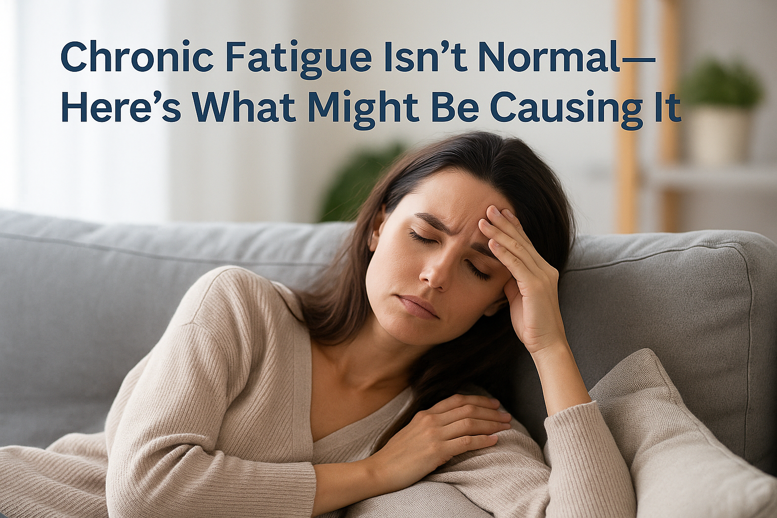woman lying on couch feeling tired in daylight, chronic fatigue and energy loss concept