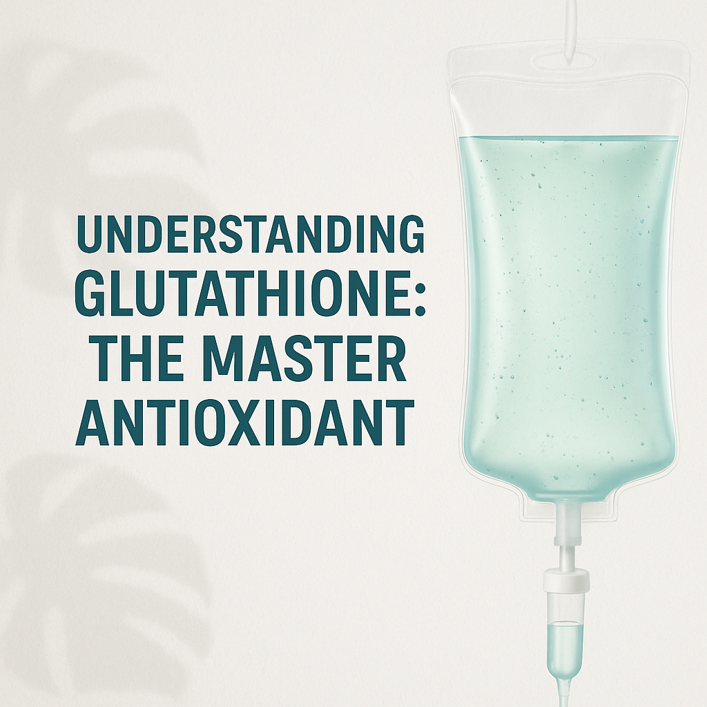 An IV bag with the text "Understanding Glutathione: The Master Antioxidant"