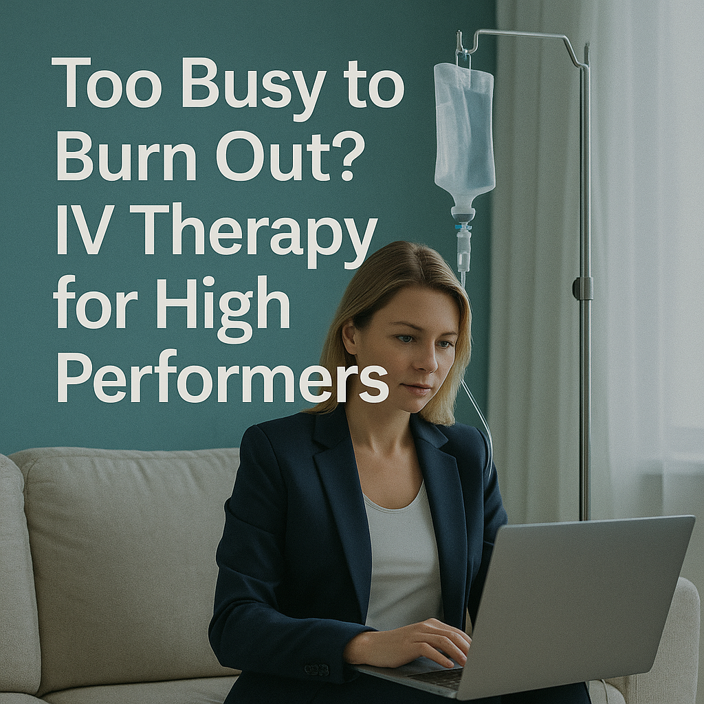 professional woman in suit on laptop getting IV therapy at home, mobile IV for burnout recovery