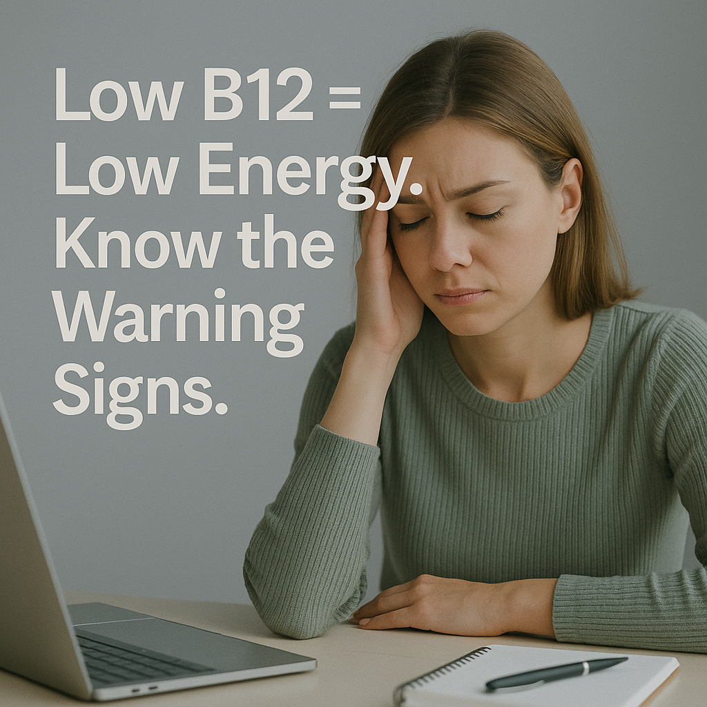 woman holding head in hand at desk looking tired, concept of B12 deficiency and brain fog
