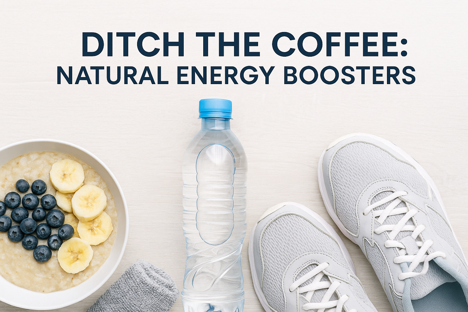 top-down view of healthy energy boosters including a bowl of oatmeal with blueberries and banana slices, a water bottle, a towel, and athletic shoes, with bold text reading “Ditch the Coffee: Natural Energy Boosters”