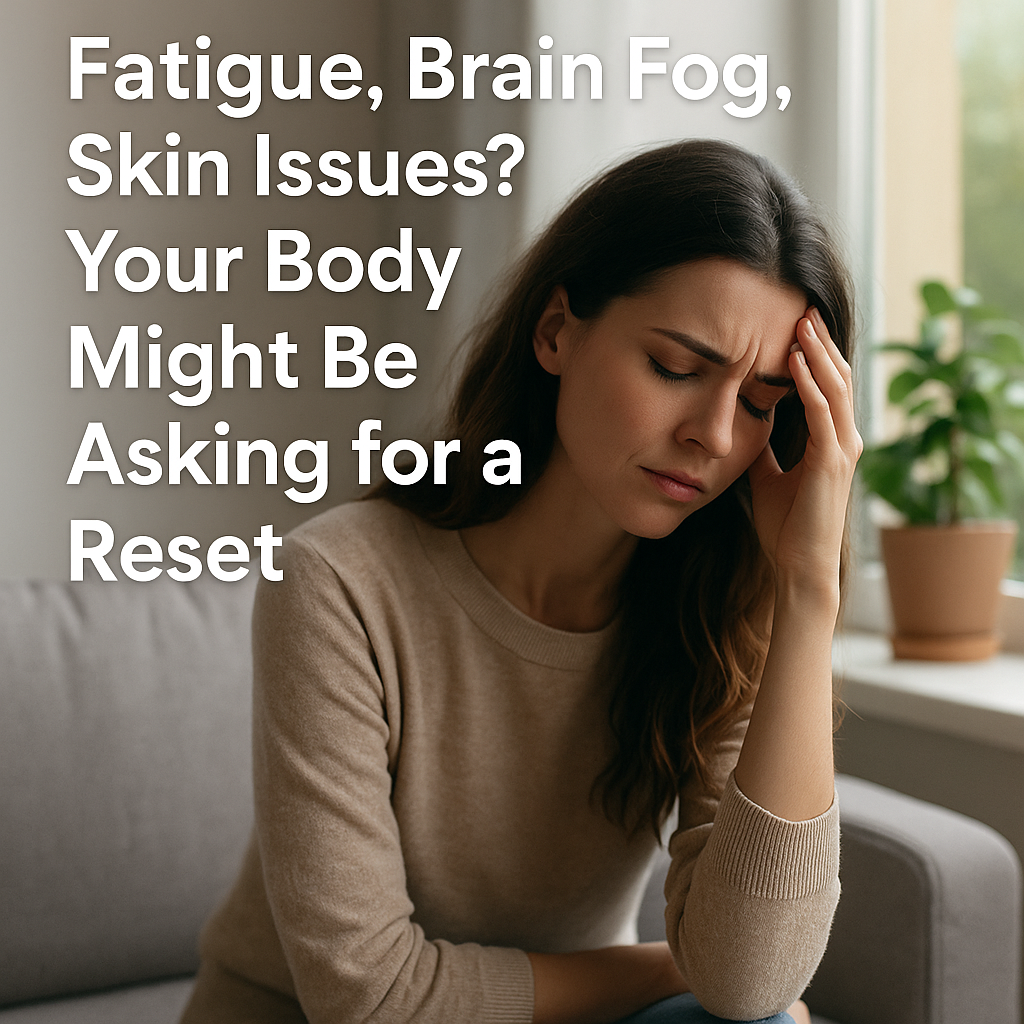 Woman sitting near a window looking tired with hand on forehead, surrounded by soft lighting and indoor plants, concept of toxic overload and need for a natural detox