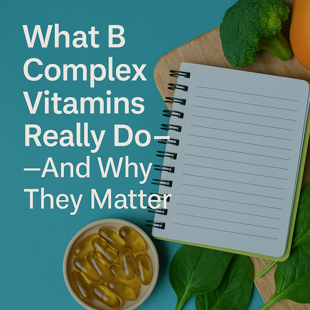 B vitamin capsules next to fresh produce and notepad, concept of natural energy and micronutrients