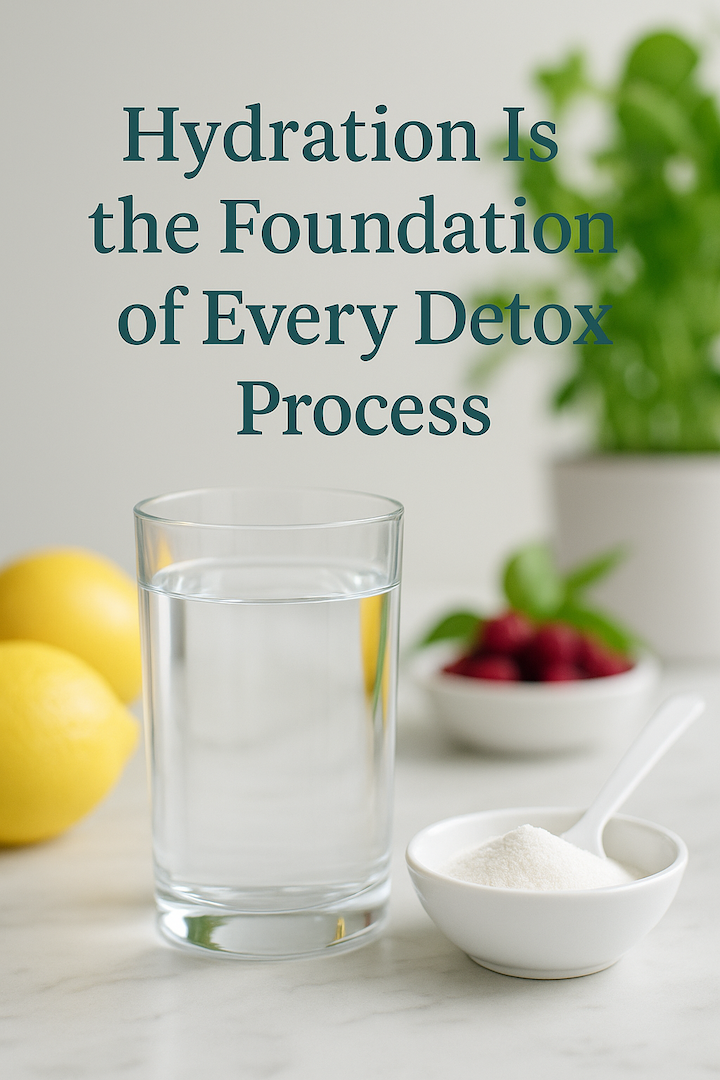 glass of water with electrolyte powder beside it on a kitchen counter, surrounded by fruit and greenery, symbolizing hydration and natural detox