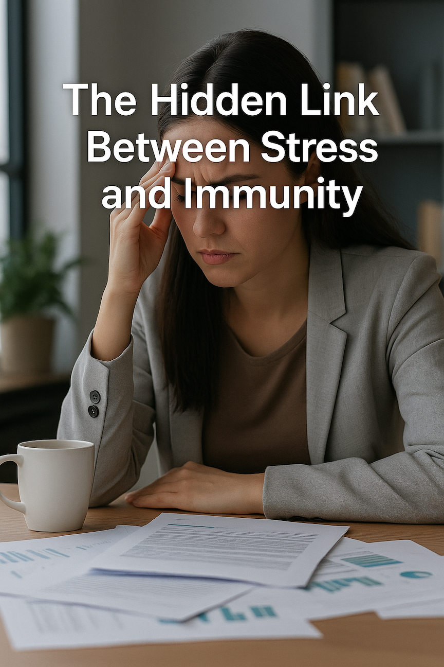 stressed woman sitting at desk with head in hand, coffee mug nearby, surrounded by paperwork, representing the connection between stress and immune health