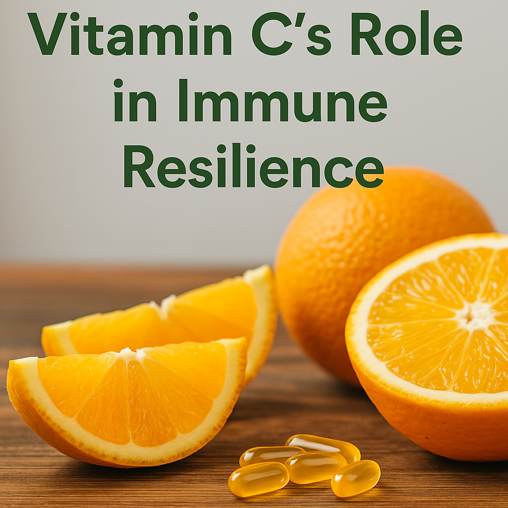 fresh oranges and vitamin C capsules arranged on a wooden table, with soft natural lighting, symbolizing nutrition and immune health