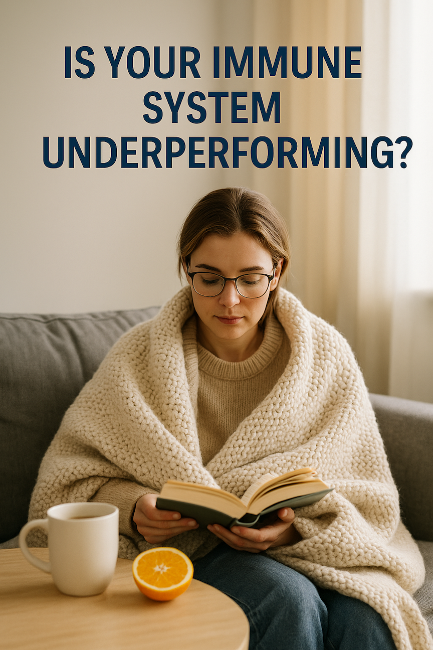 healthy-looking person at home reading while wrapped in a blanket, next to a cup of tea and citrus fruit, representing hidden factors affecting immune health