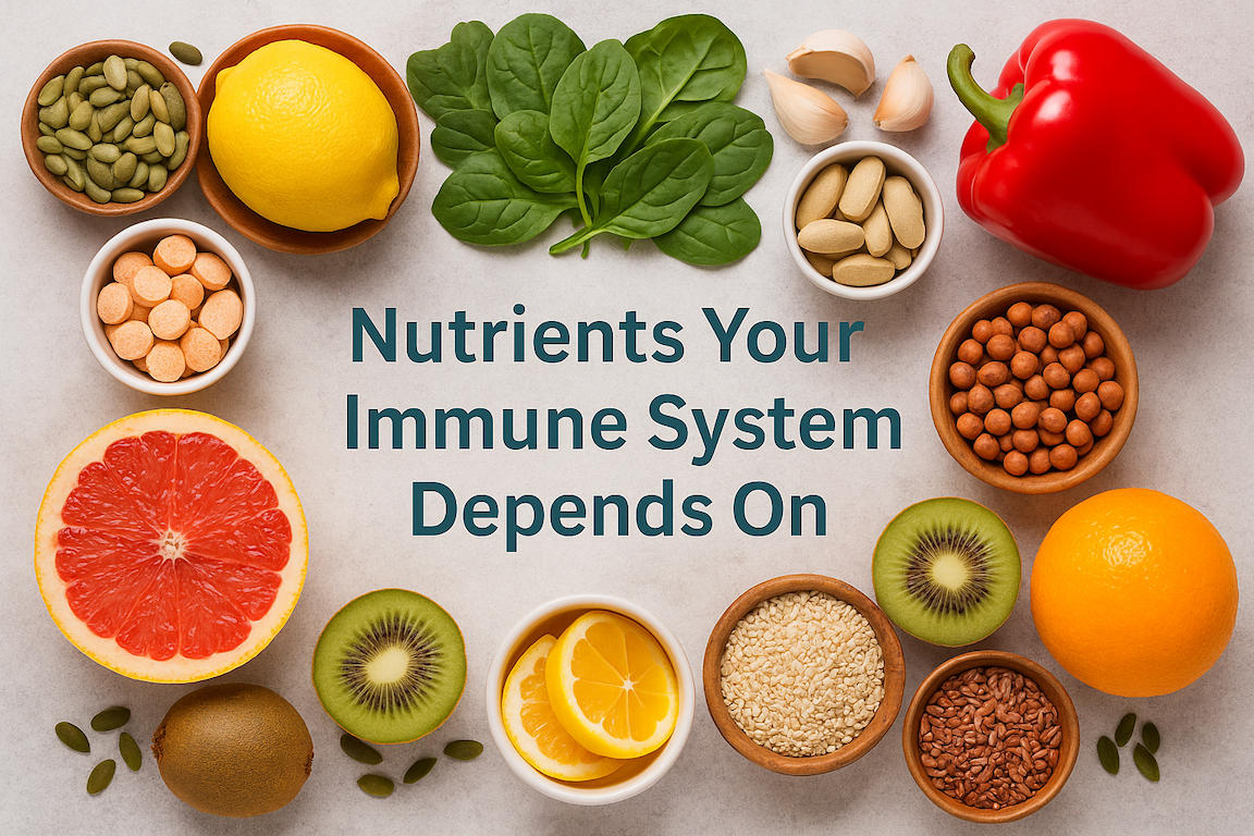 assortment of fresh fruits, vegetables, seeds, and supplements arranged on a table to represent immune-supporting nutrients