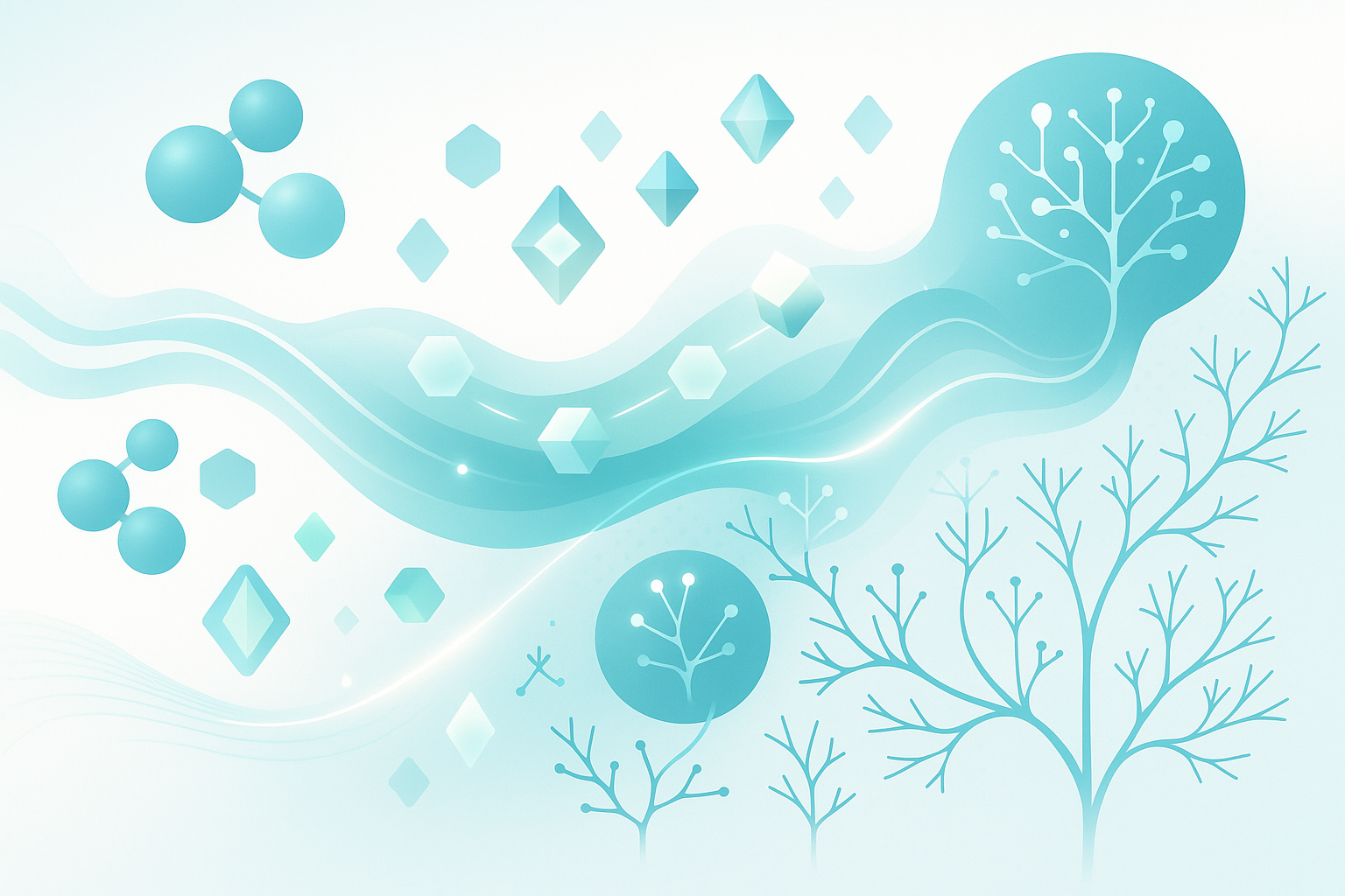 Abstract illustration of flowing water molecules and electrolyte particles moving through cellular networks, representing how hydration affects cognitive function, endurance, and immune health beyond basic thirst