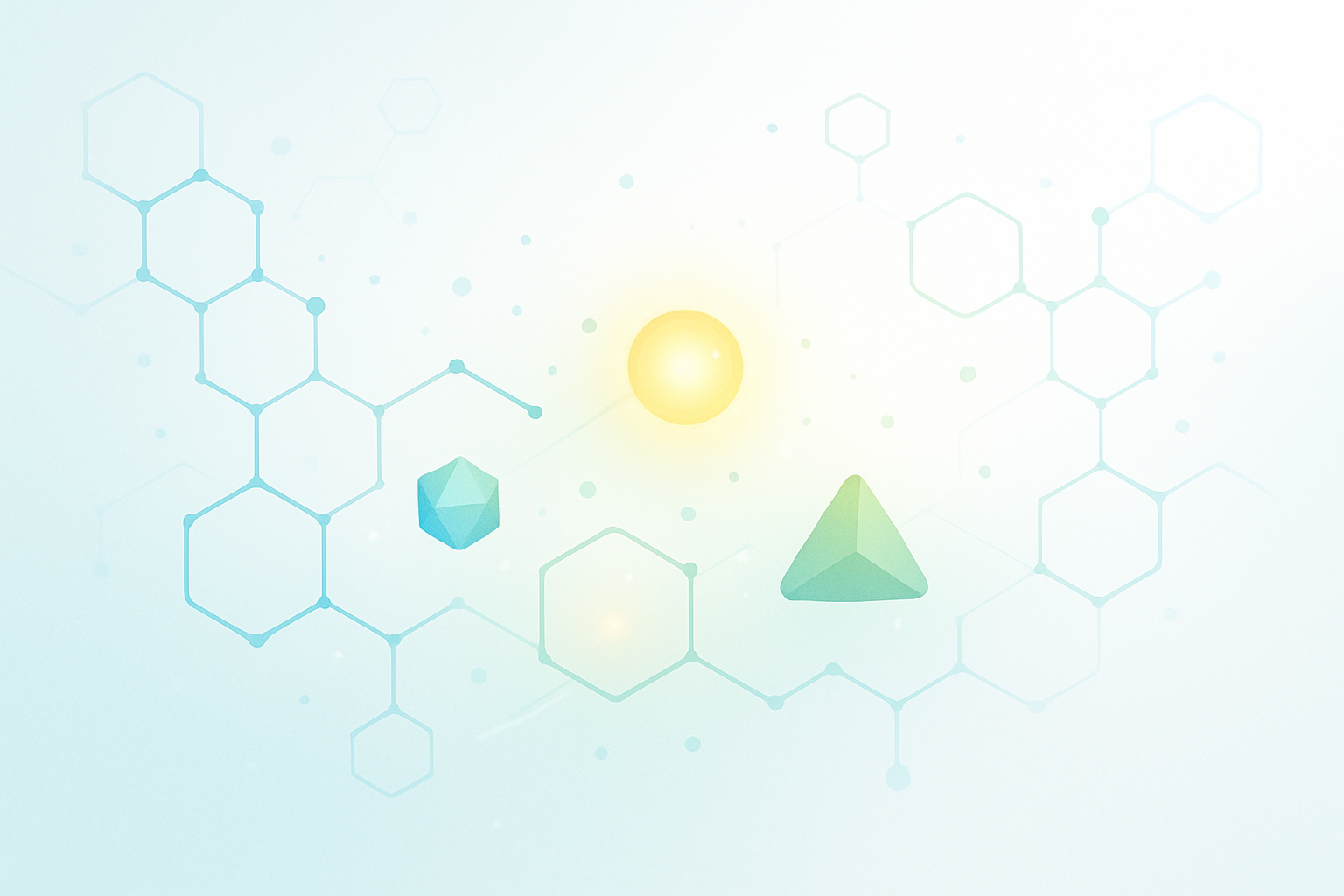 Abstract molecular network showing interconnected hexagonal structures and geometric shapes representing multiple nutrient deficiencies and vitamin interactions on a soft blue-green gradient background