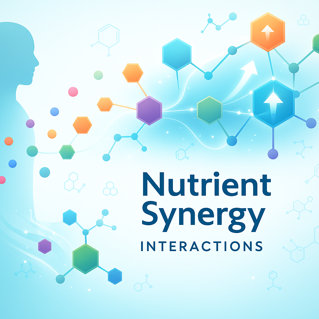 Nutrient synergy illustration showing interconnected hexagonal molecular structures and human silhouette, demonstrating how vitamin and mineral combinations work better together than isolated supplements
