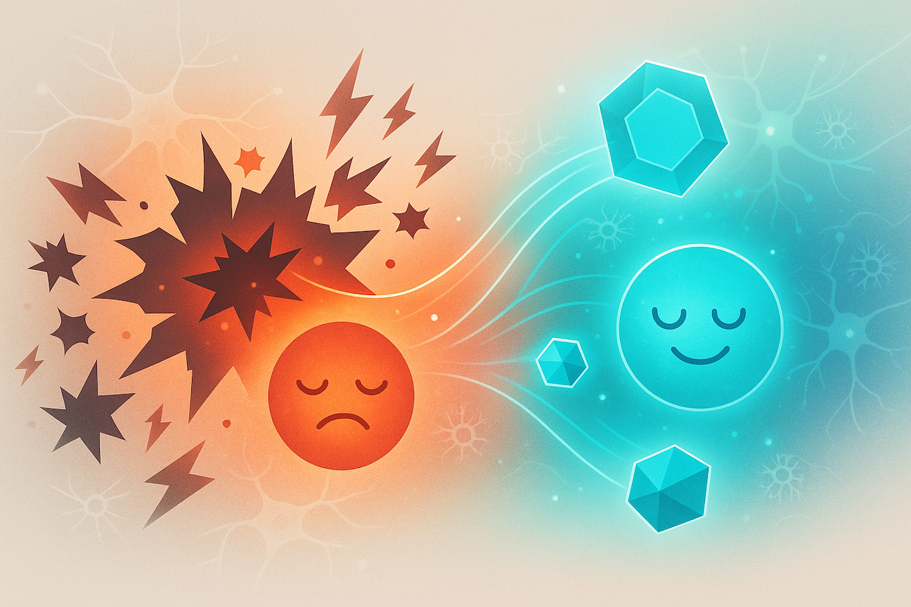 Scientific illustration contrasting cellular oxidative stress symptoms with antioxidant protection, showing the relationship between free radical damage and everyday resilience