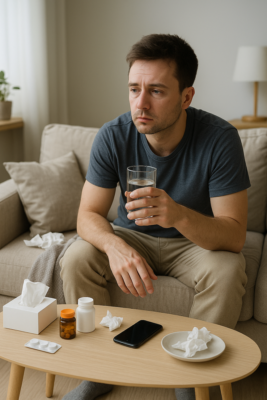 "Realistic photograph of a person recovering from illness sitting on a couch looking fatigued, holding a water glass with tissues and medicine nearby, demonstrating electrolyte depletion during illness recovery