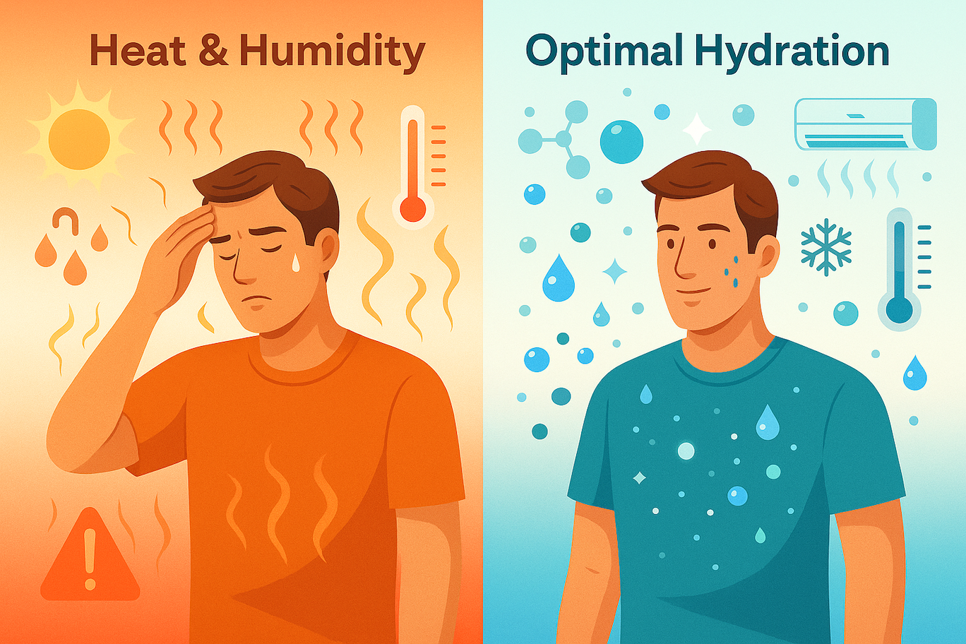 Split-screen illustration showing a person struggling with heat and humidity dehydration versus optimal hydration, demonstrating why standard hydration fails in challenging hot, humid climates