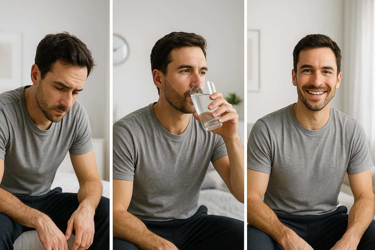 "Three-panel photographic timeline showing the same man progressing from dehydrated and fatigued to drinking water to fully recovered and energized, demonstrating the hydration recovery timeline phases