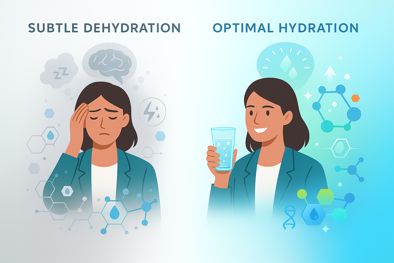 Health illustration showing the progression from subtle dehydration symptoms to optimal immediate hydration, featuring a professional experiencing cognitive changes and physical signs before thirst appears
