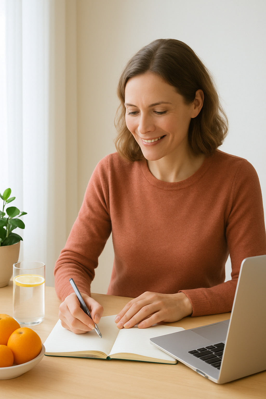 Person working with clear focus and mental clarity at a bright, organized workspace