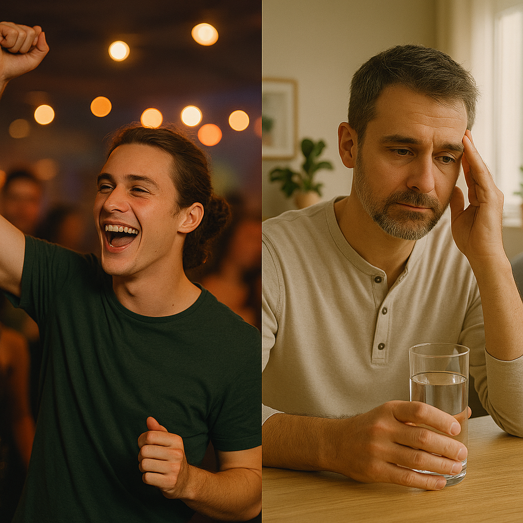 Young man celebrating at night versus older man with headache drinking water the next morning showing age-related hangover differences