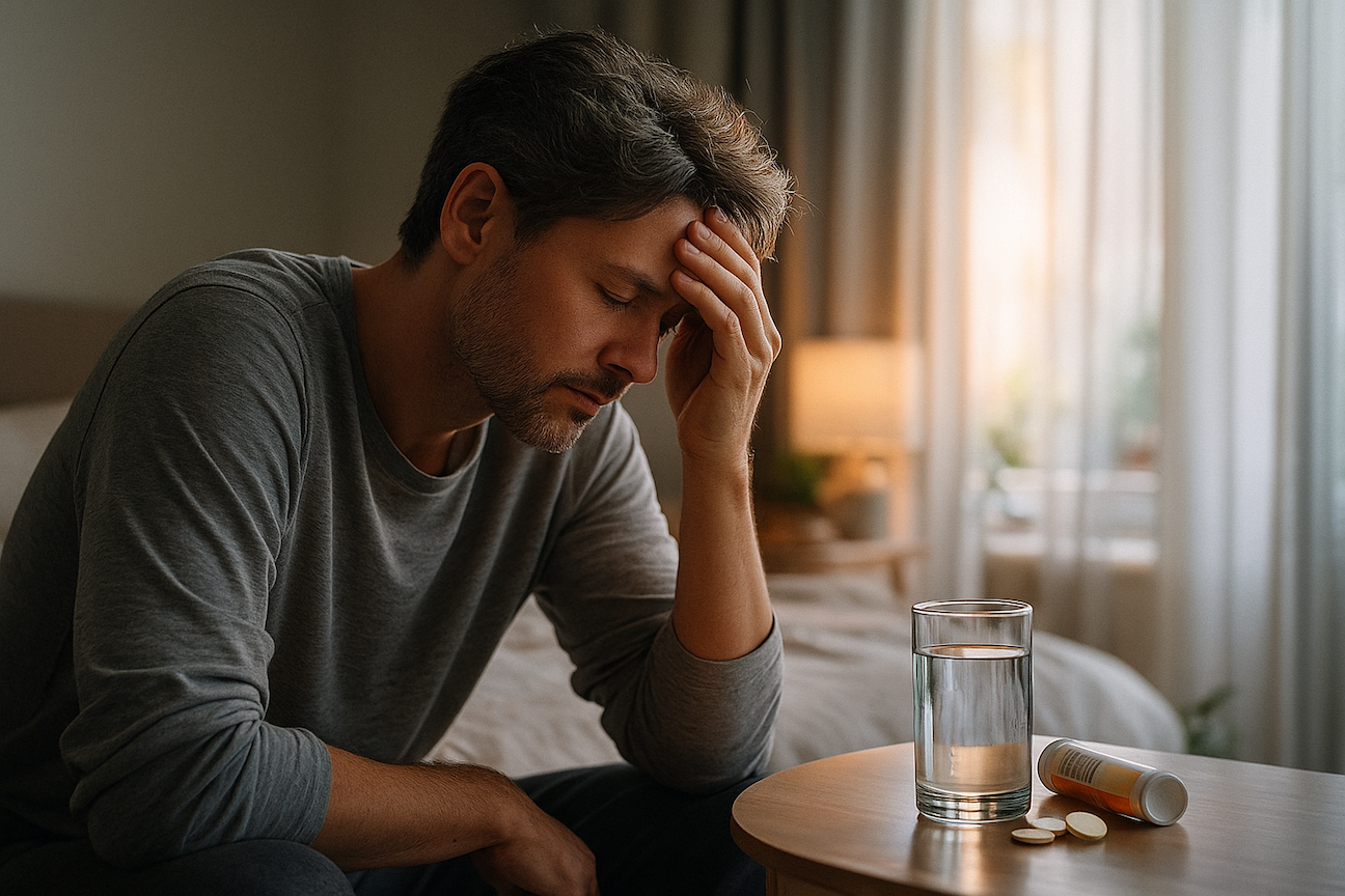 Person experiencing hangover headache holding head in pain with water nearby