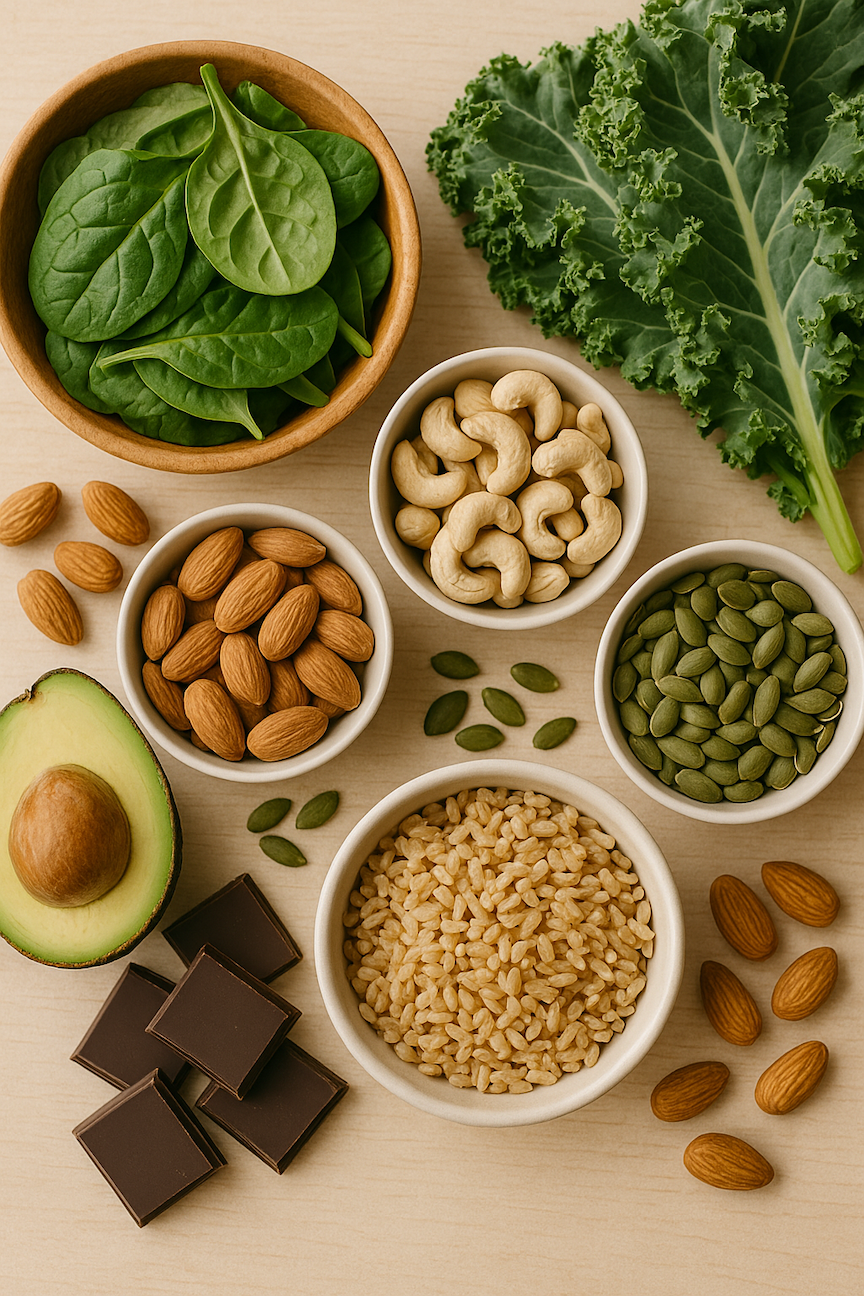 Magnesium-rich foods including leafy greens, nuts, seeds, and avocado for recovery after drinking