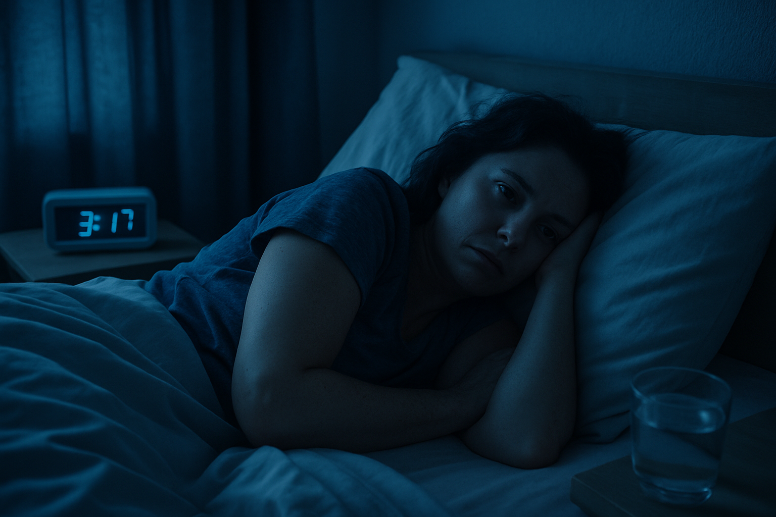 Person lying awake in bed at night unable to sleep after drinking alcohol showing disrupted sleep patterns