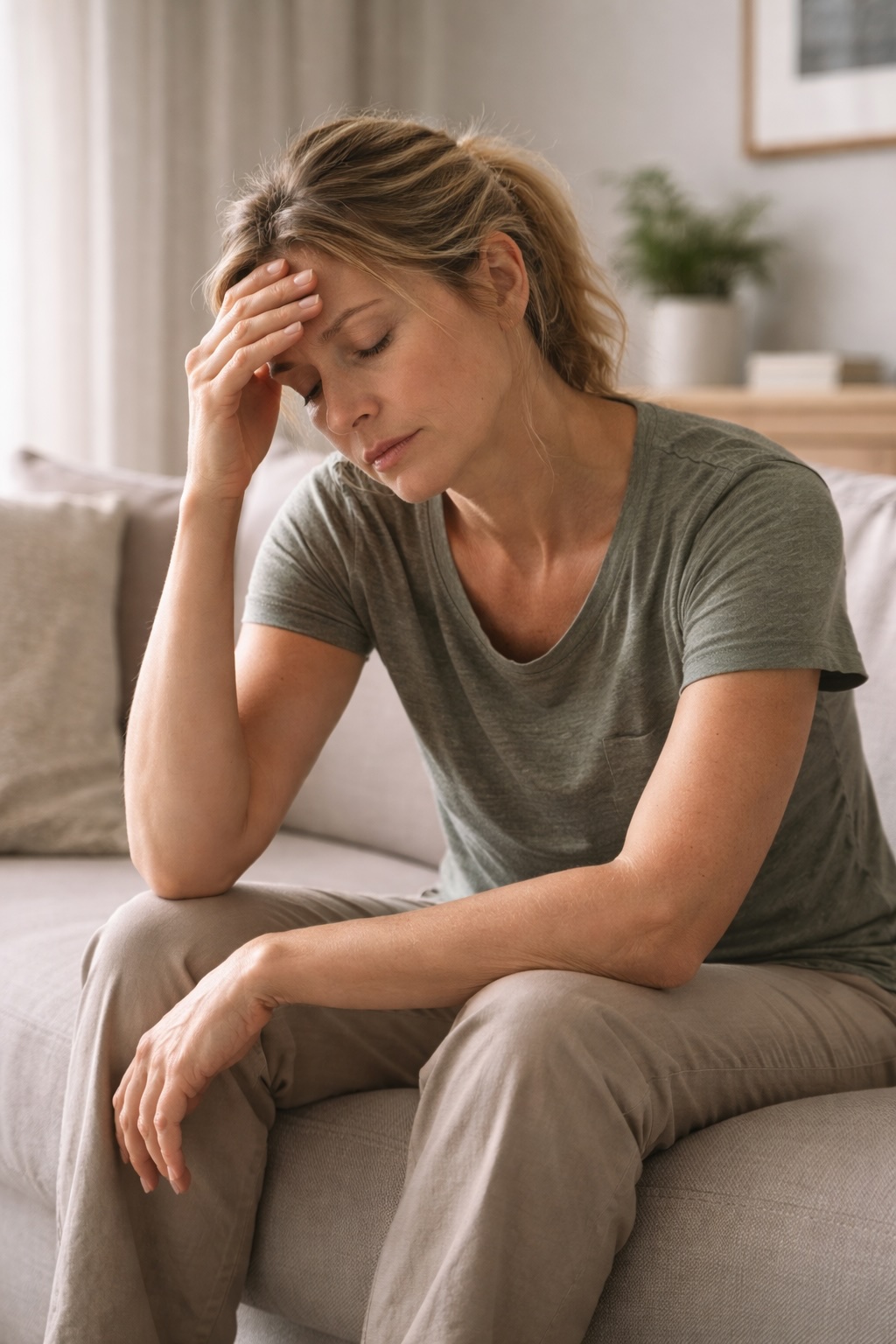 Woman in her 30's-40's experiencing chronic fatigue and exhaustion due to mitochondrial dysfunction