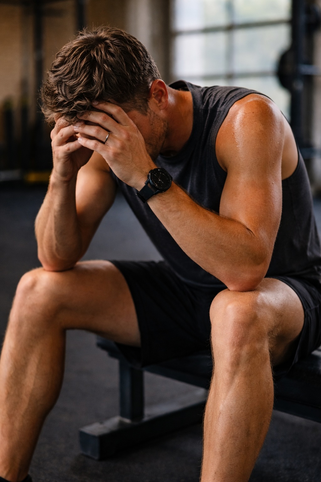 Male athlete in his 20s-30s showing signs of overtraining and nutrient depletion from excessive training without adequate recovery