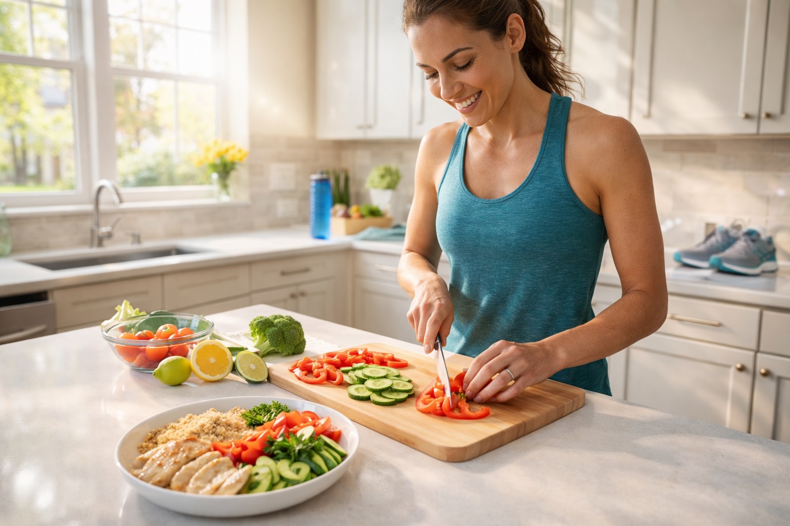 Woman preparing healthy meal in kitchen showing connection between nutrition and spring fitness training