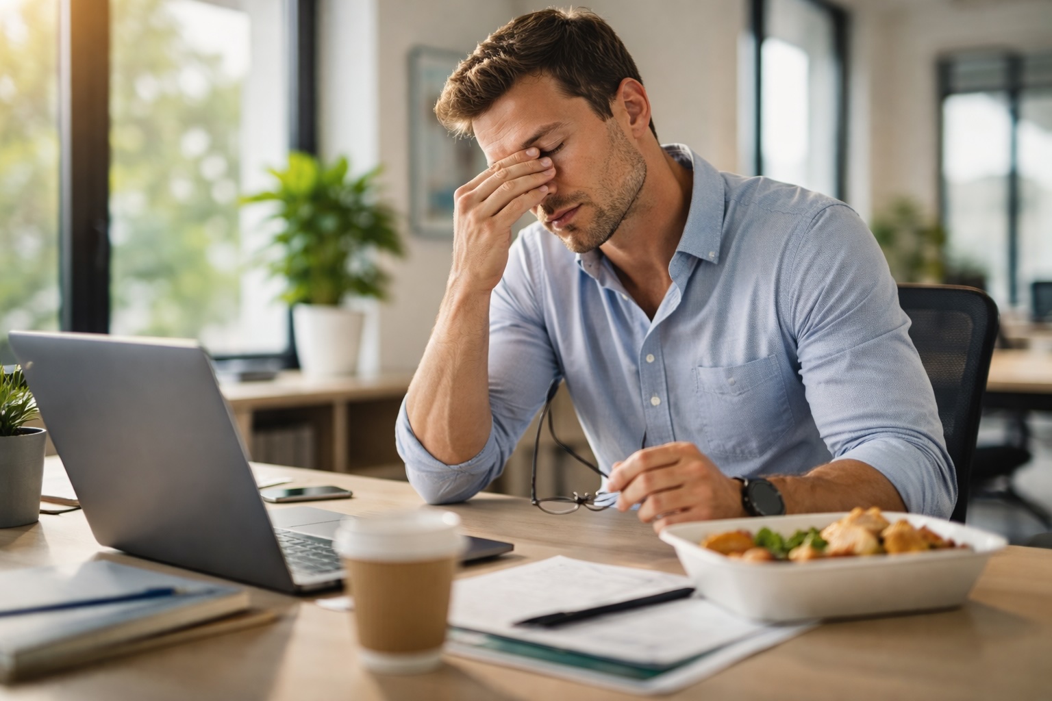 Professional experiencing afternoon energy crash and fatigue at desk despite adequate sleep
