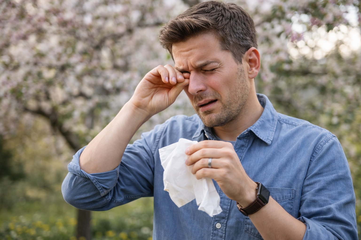 Person experiencing seasonal allergy symptoms and fatigue during spring with blooming trees in background
