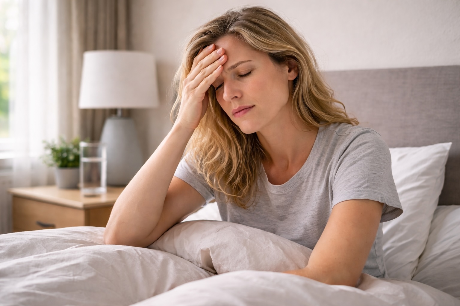 Person waking up with dehydration headache and hangover-like symptoms despite not drinking alcohol