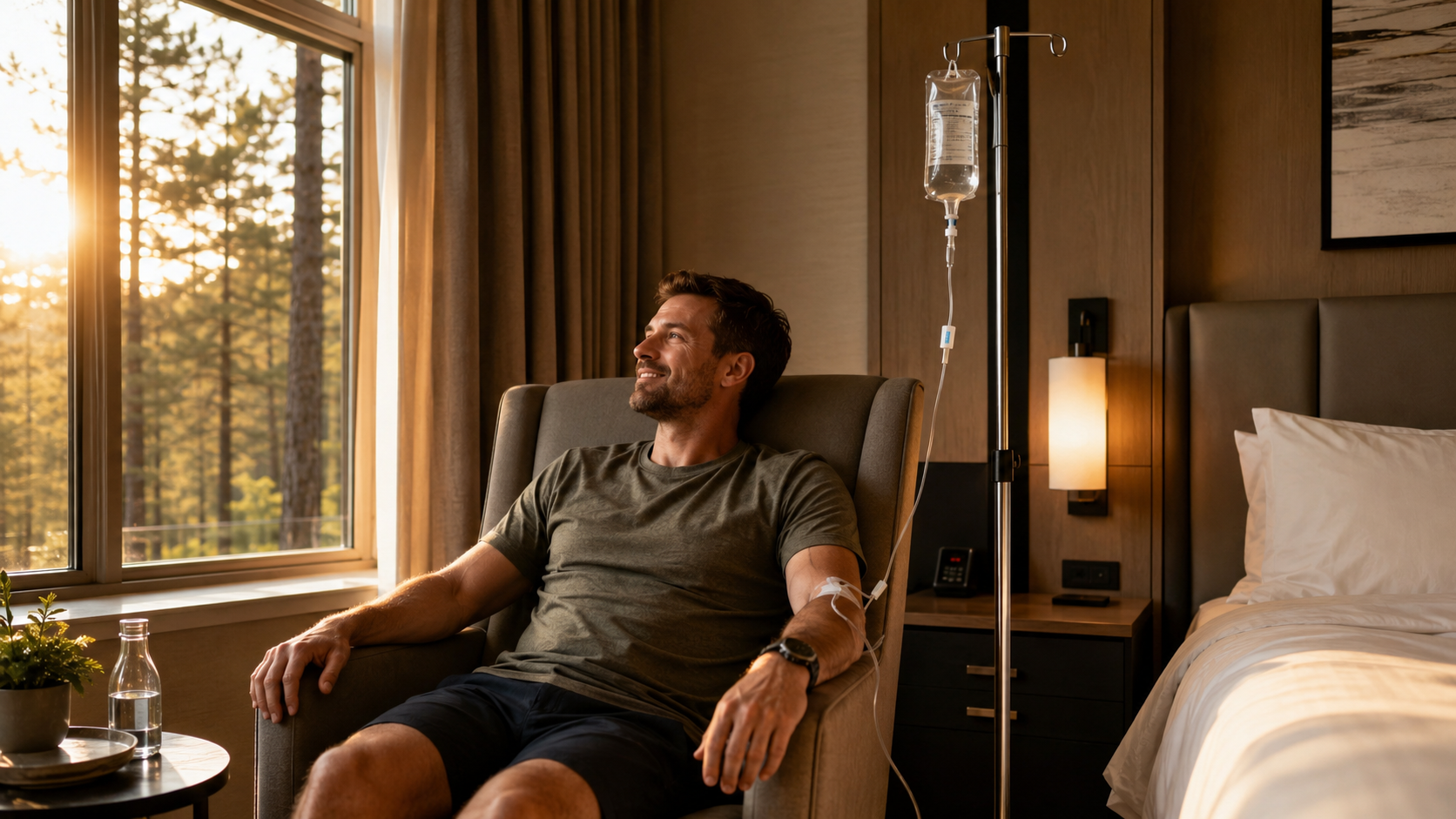 Adult resting in a Concord hotel chair receiving IV therapy after a NASCAR race weekend.