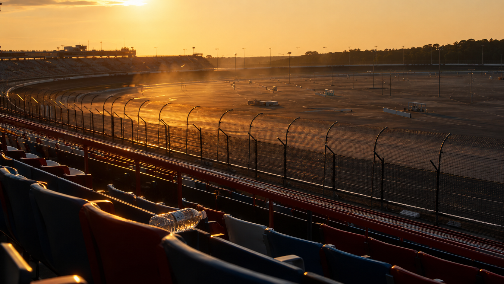 Empty Charlotte Motor Speedway grandstand at golden hour showing summer heat haze in Concord.
