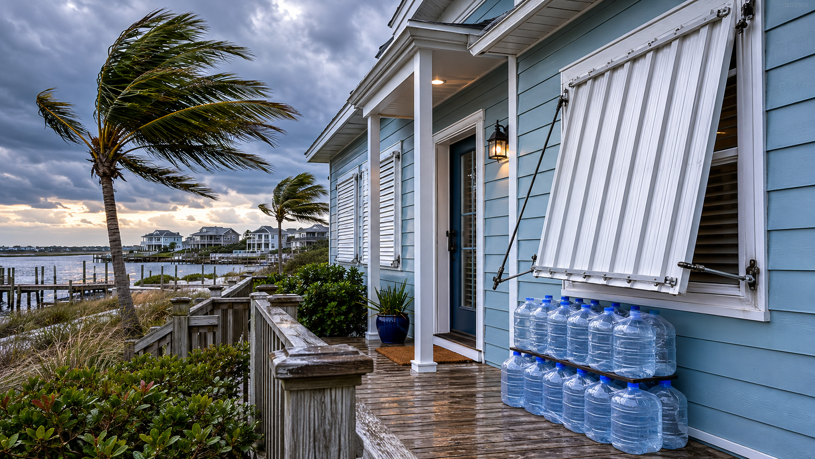 North Carolina coastal home with shuttered windows and stacked emergency water jugs before a hurricane.