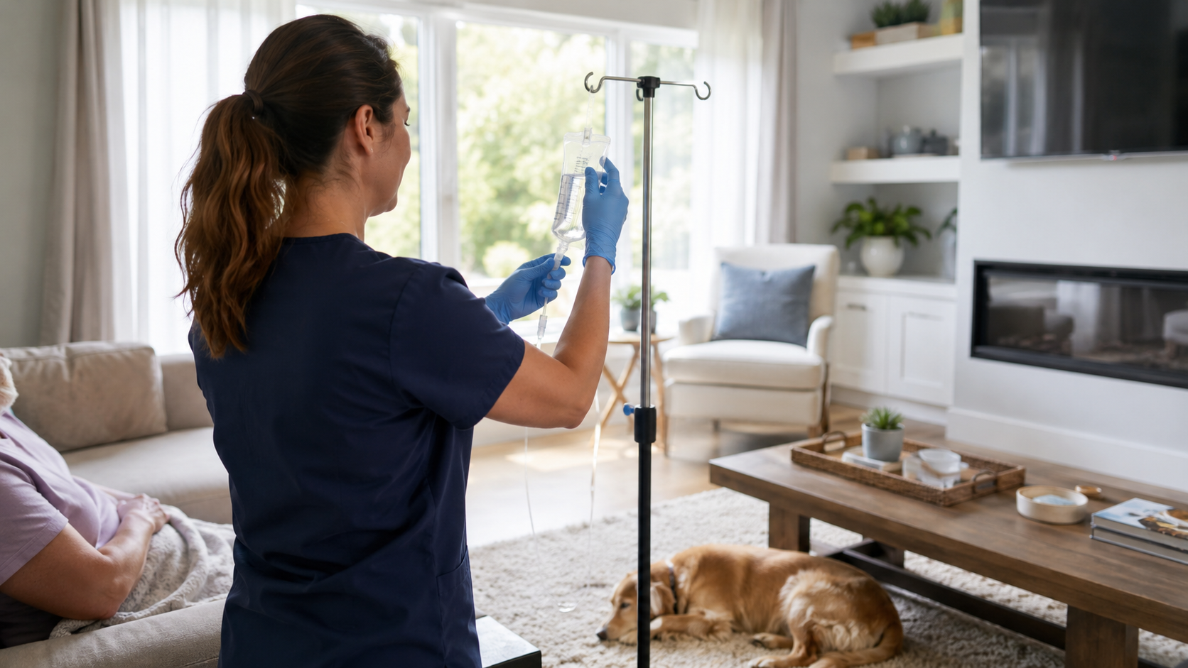 Mobile IV nurse preparing a sterile drip in a North Carolina home for race-day recovery.