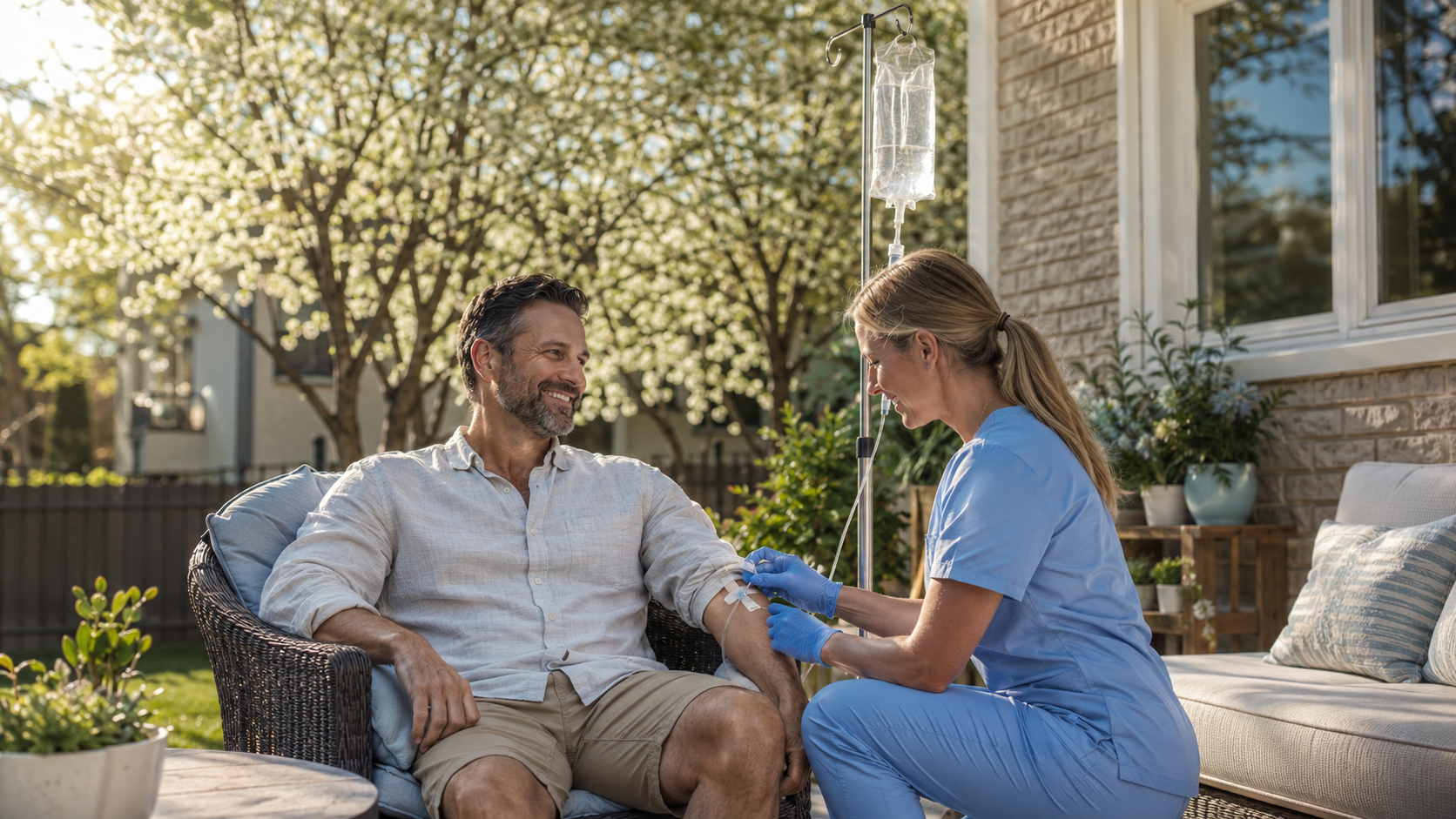 Charlotte dad in his late 40s receiving Father's Day IV therapy at home from a licensed nurse