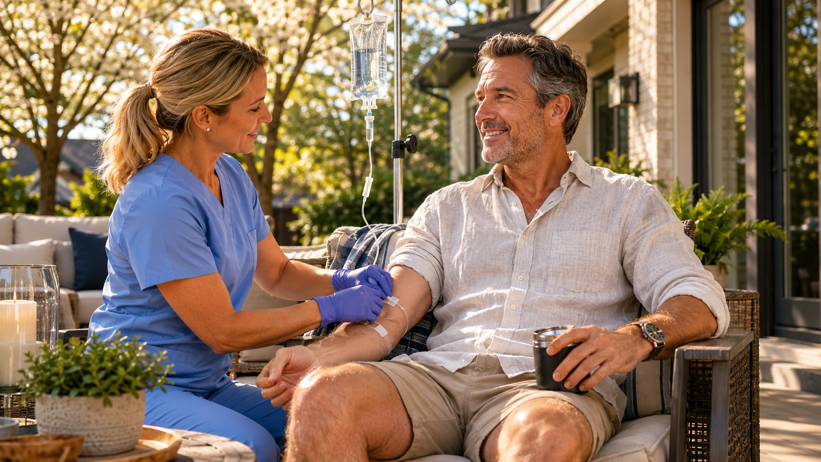 Licensed nurse setting up mobile IV therapy on a Charlotte back patio