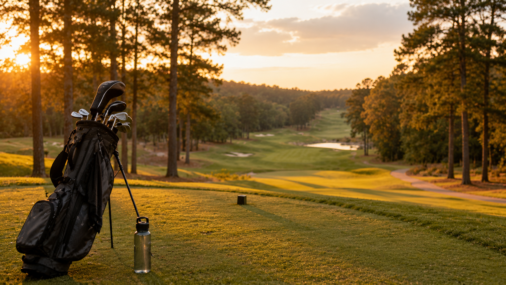 Carolina golf course tee box at golden hour with a golf bag and water bottle