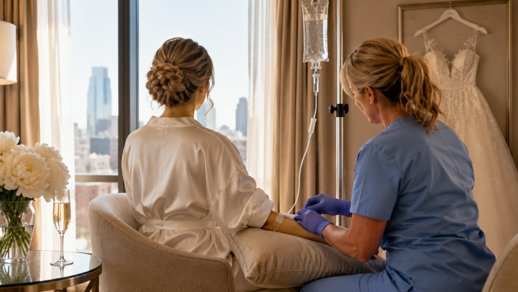 Bride in an ivory silk robe receiving wedding-morning IV therapy in a Charlotte hotel bridal suite
