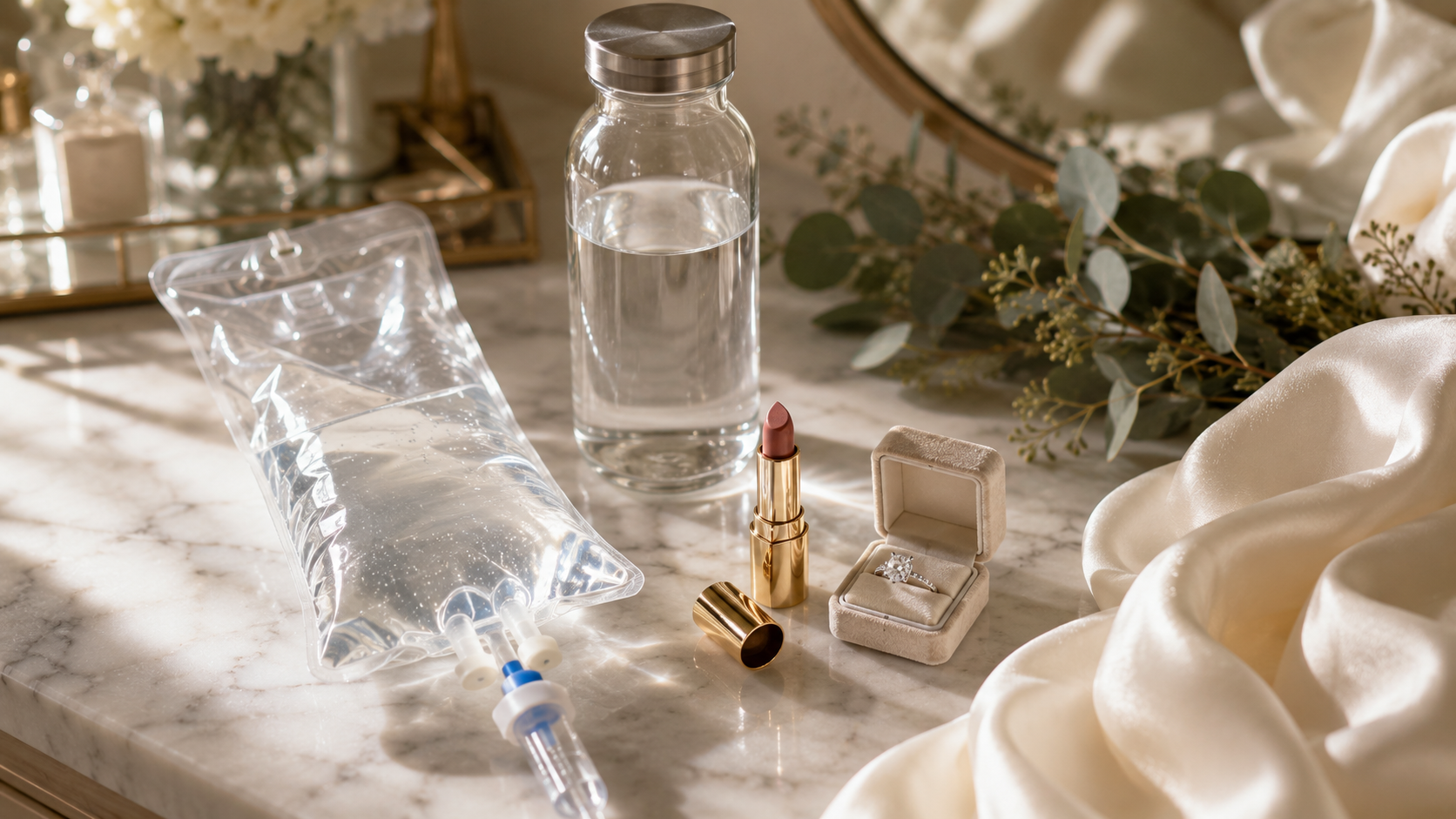 Wedding-morning vanity flat lay with an IV bag, water bottle, lipstick, ring box, and eucalyptus