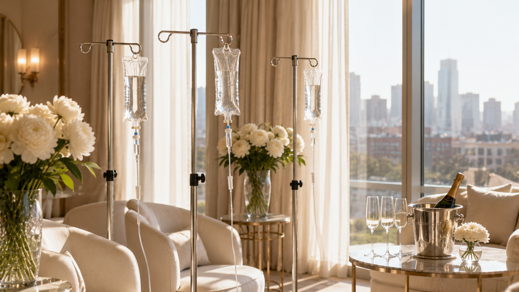 Wedding party IV setup in a sunlit Charlotte hotel bridal suite with peonies and champagne
