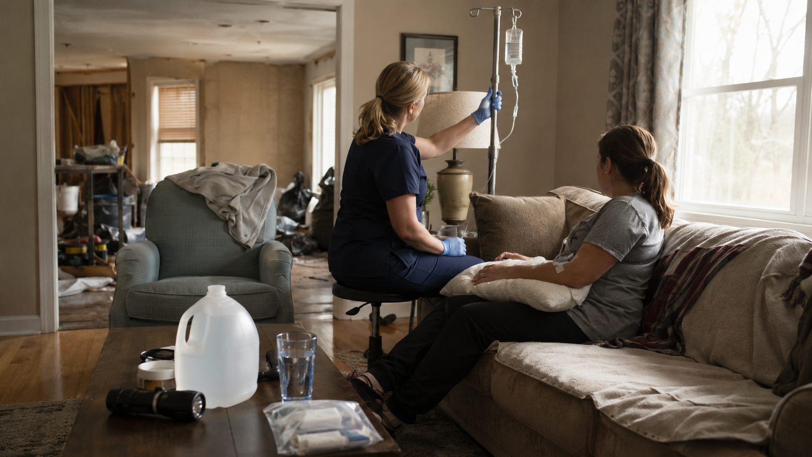 Adult receiving IV therapy at home for post-hurricane recovery in North Carolina.