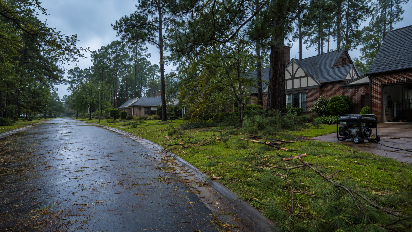 Quiet Piedmont North Carolina neighborhood the morning after a hurricane with fallen branches.