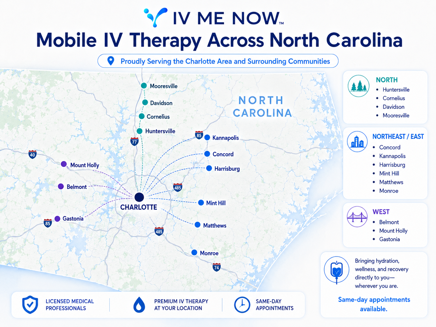 Map of the IV Me Now NC mobile IV therapy service area covering Charlotte, North Carolina and nearby cities including Huntersville, Concord, Matthews, and Gastonia