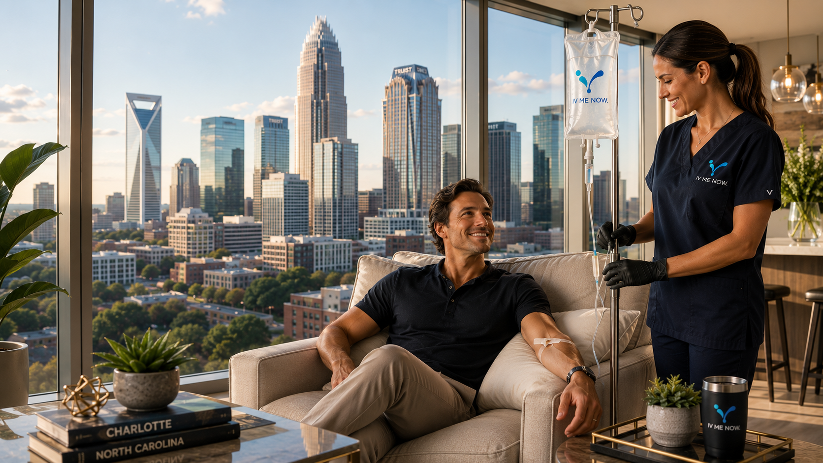 Licensed IV Me Now nurse setting up a mobile IV therapy drip for a seated client in a Charlotte high rise with the Uptown skyline in the window