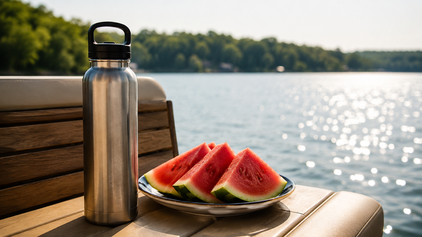 Water bottle and watermelon on a boat bench, hydration during a Lake Norman summer day
