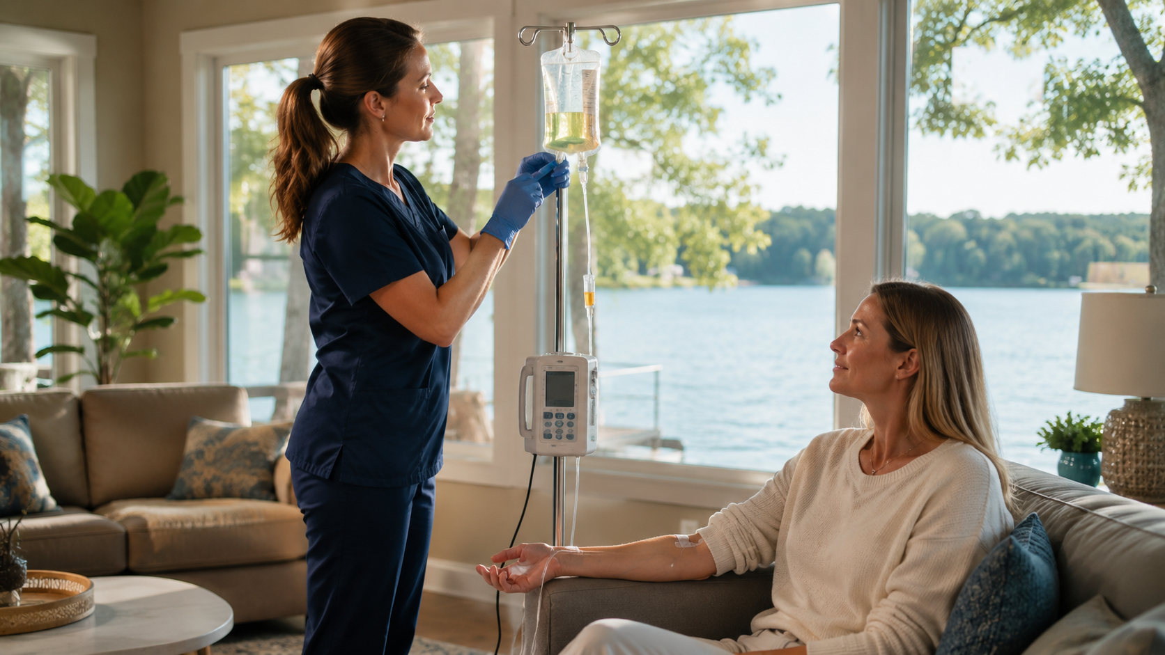 Mobile IV therapy set up in a Cornelius lake house living room after a day on the water