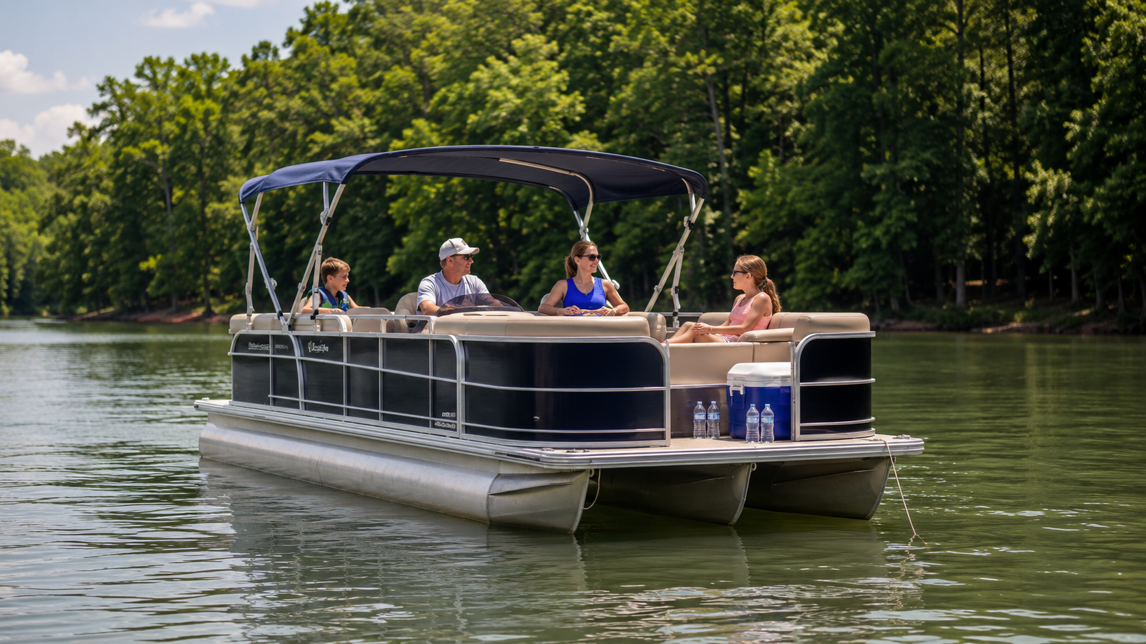 Family pontoon boat anchored on Lake Norman on a hot July day with water bottles on deck